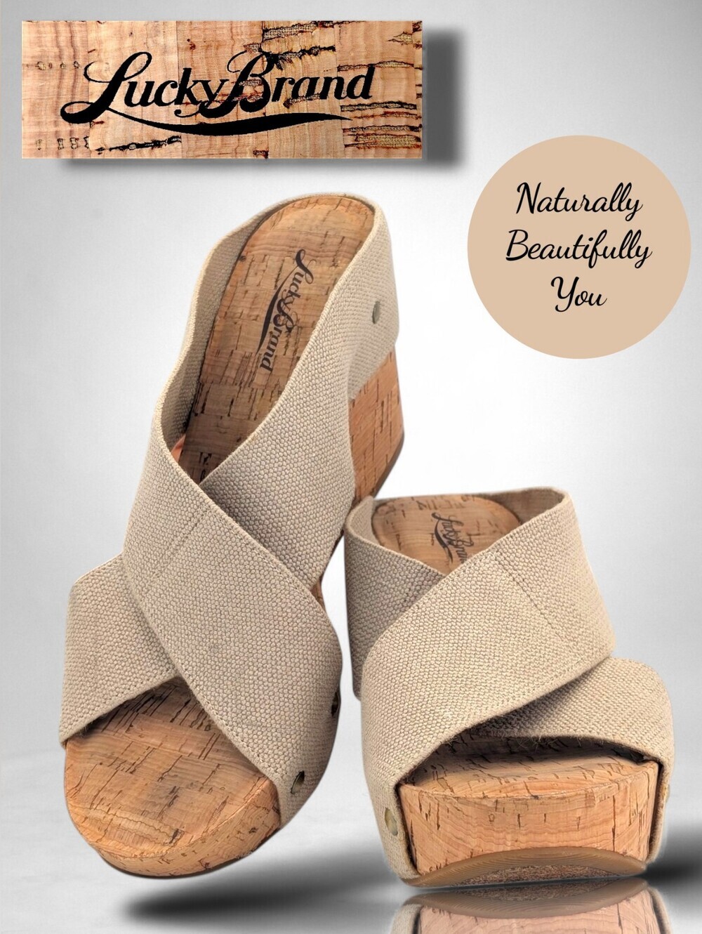 Lucky Brand Miller 2 Size 8.5M Neutral Tan/Beige Textured Fabric Platform Wedges